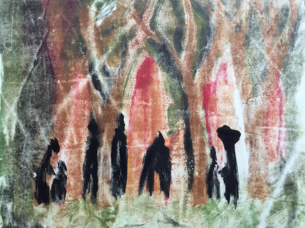 Irene Joffroy - figuren in bos - olieverf op papier kopen? Bied vanaf 1!