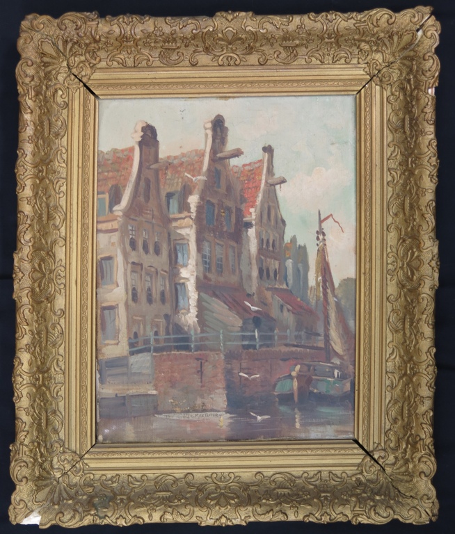 Max Teffer: Olieverf op doek, Gracht met kotter kopen? Bied vanaf 1!