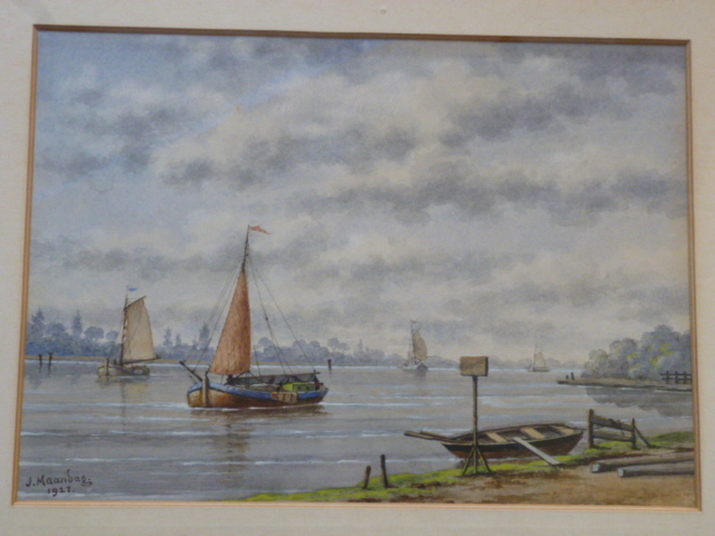 Jan Maandag - aquarel - Rivier met zeilschepen verkocht voor € 125!