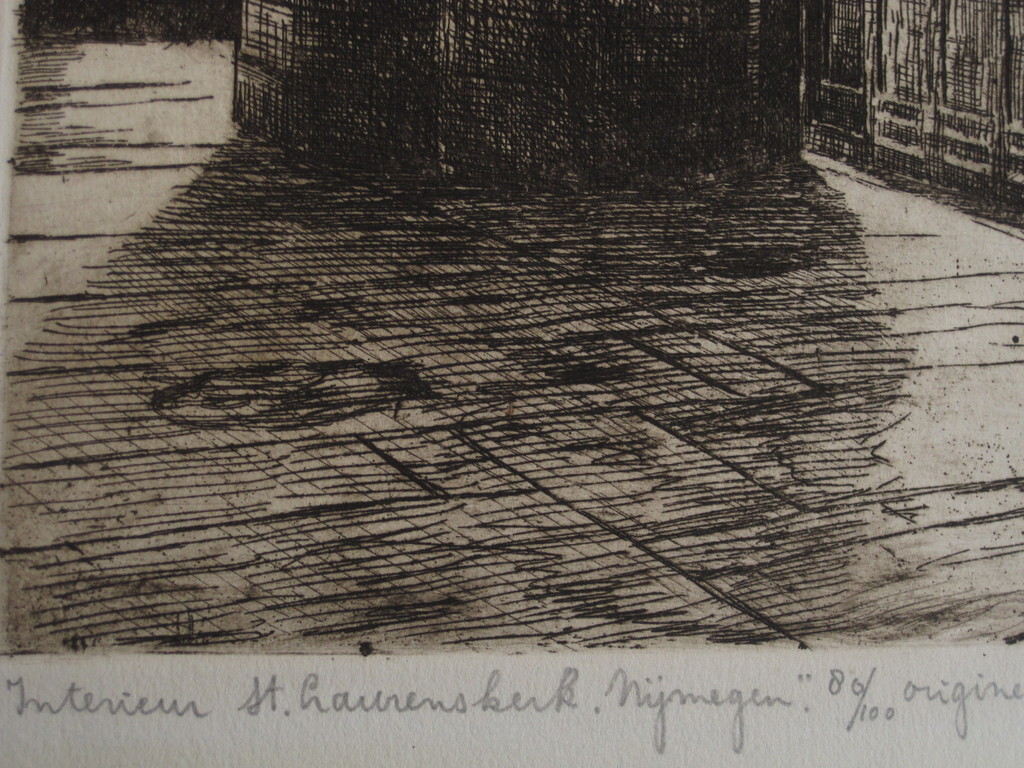 Grote ets "interieur st. Laurenskerk Nijmegen" gesigneerd C vd Woerd 1901-1994 kopen? Bied vanaf 1!