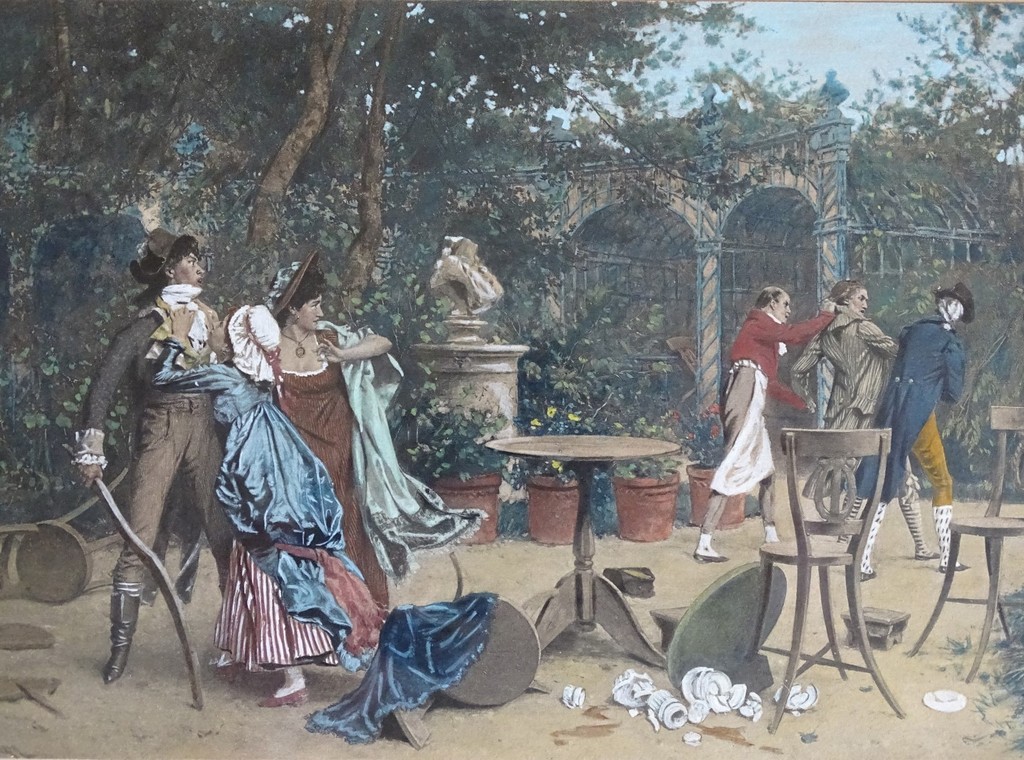 Naar Frederick Hendrik Kaemmerer (1839-1902), ingekleurd gravure, Ruziënde heren kopen? Bied vanaf 10!