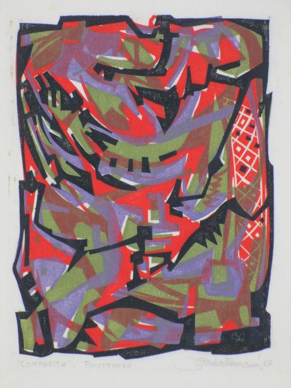 Jan Battermann, Compositie, Houtsnede 1958 verkocht voor € 40!