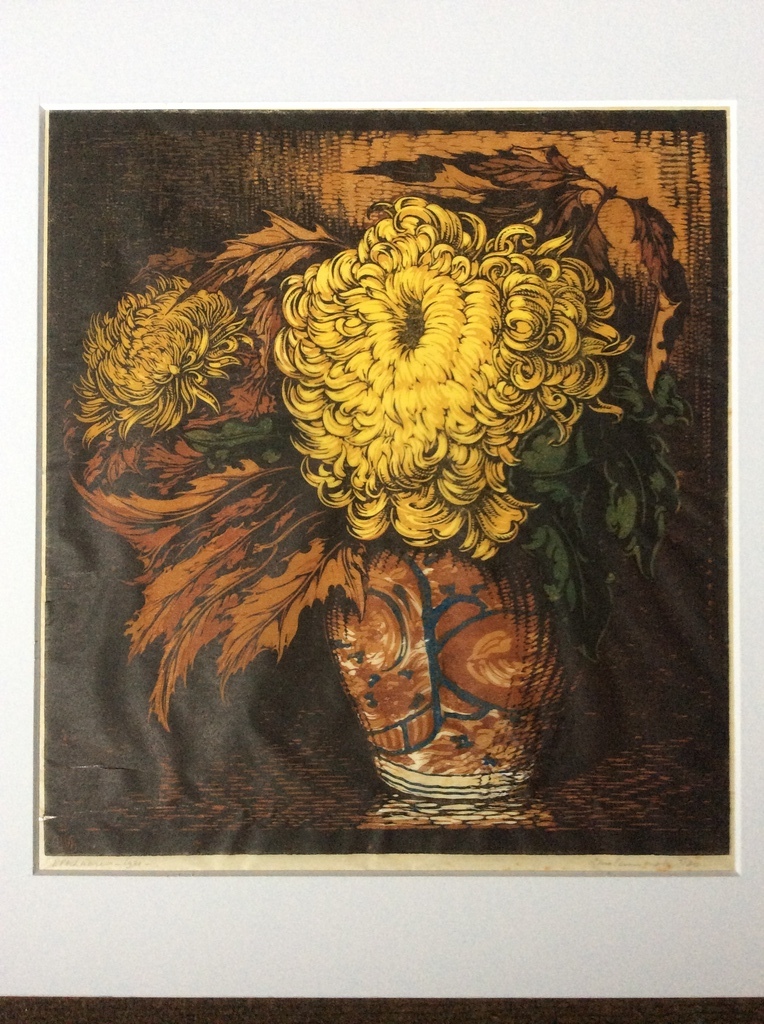Piet Verhaaren - chrysanten in vaas - linosnede, 1931 kopen? Bied vanaf 25!