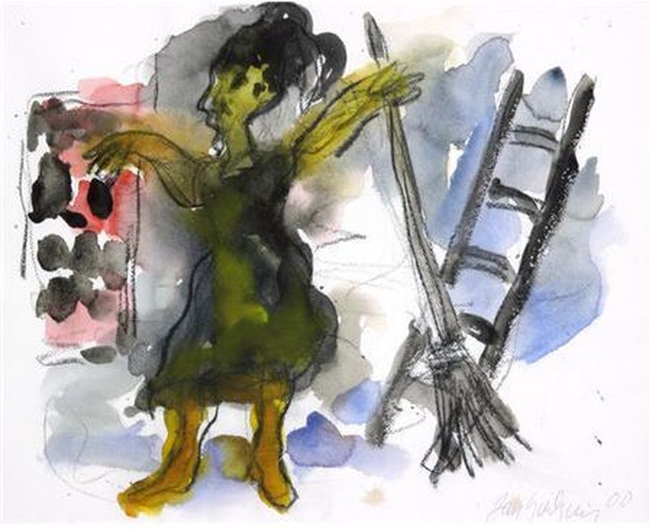 Jan Sierhuis: Aquarel, Assepoester met bezem - Ingelijst kopen? Bied vanaf 200!