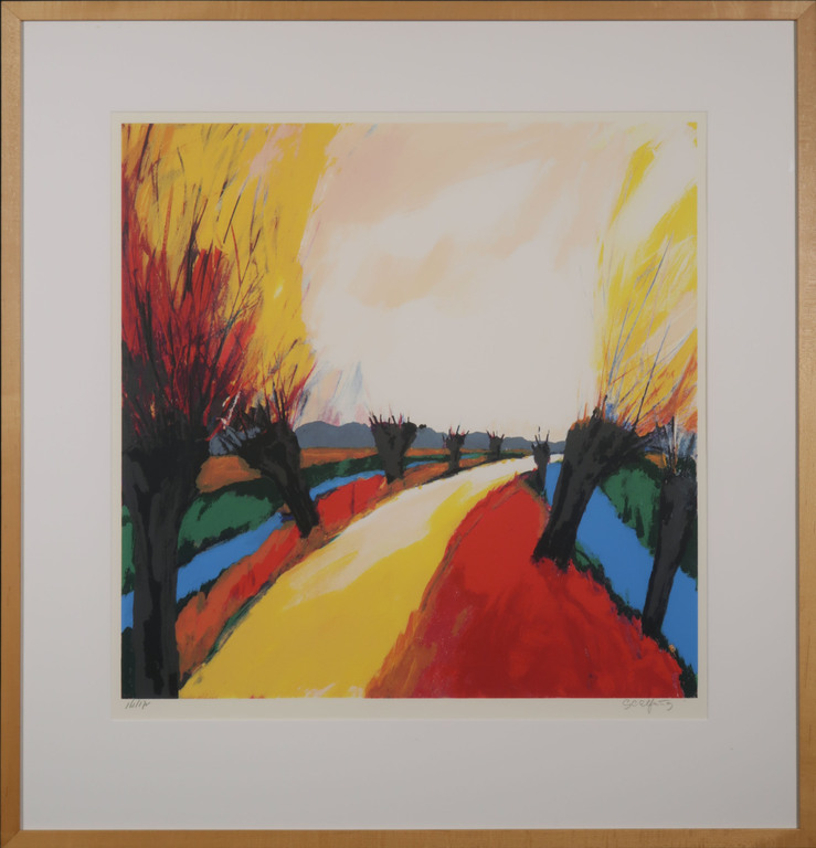 Gerda Elfring: Zeefdruk, Landschap met wilgen - Ingelijst verkocht voor € 55!