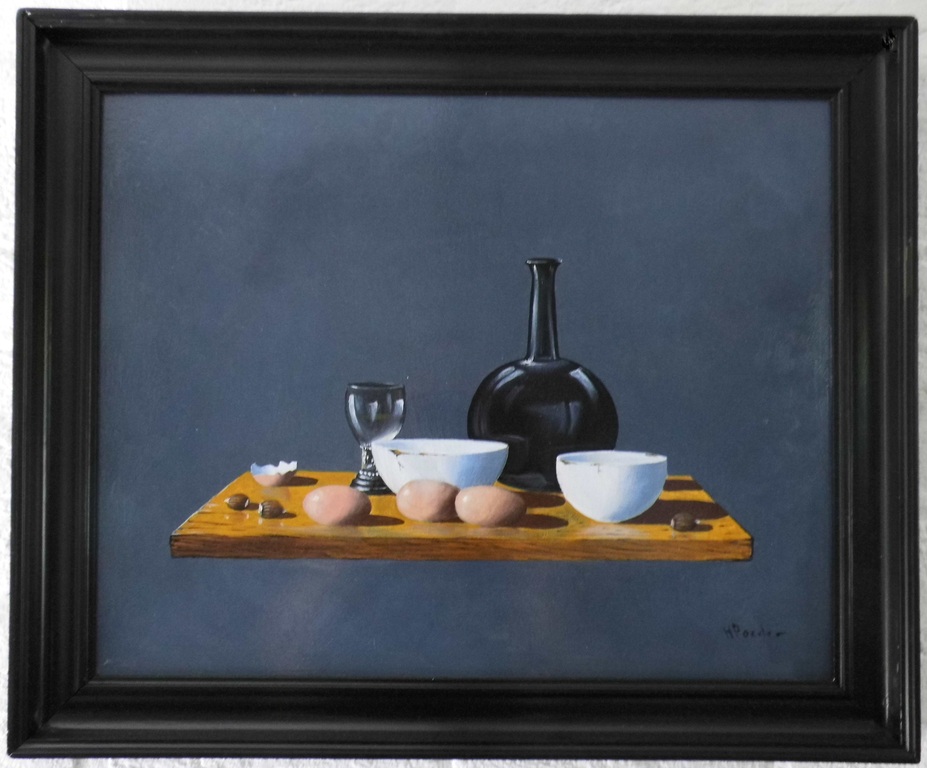Henk Poeder, Stilleven met eieren en emaille, olieverf of paneel verkocht voor € 149!