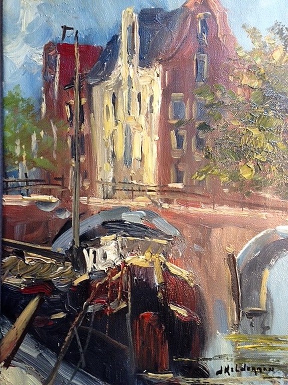 Jan Kelderman (1914-1990), Olieverf op doek, Brouwersgracht Amsterdam verkocht voor € 50!