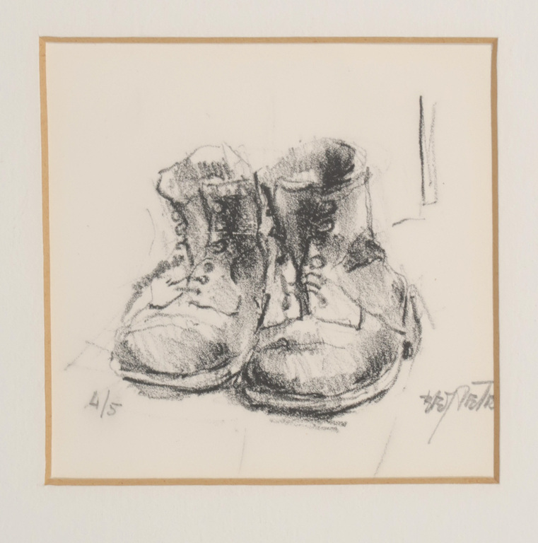 Onbekend gesigneerd: Litho, Kachel en schoenen - Ingelijst kopen? Bied vanaf 1!