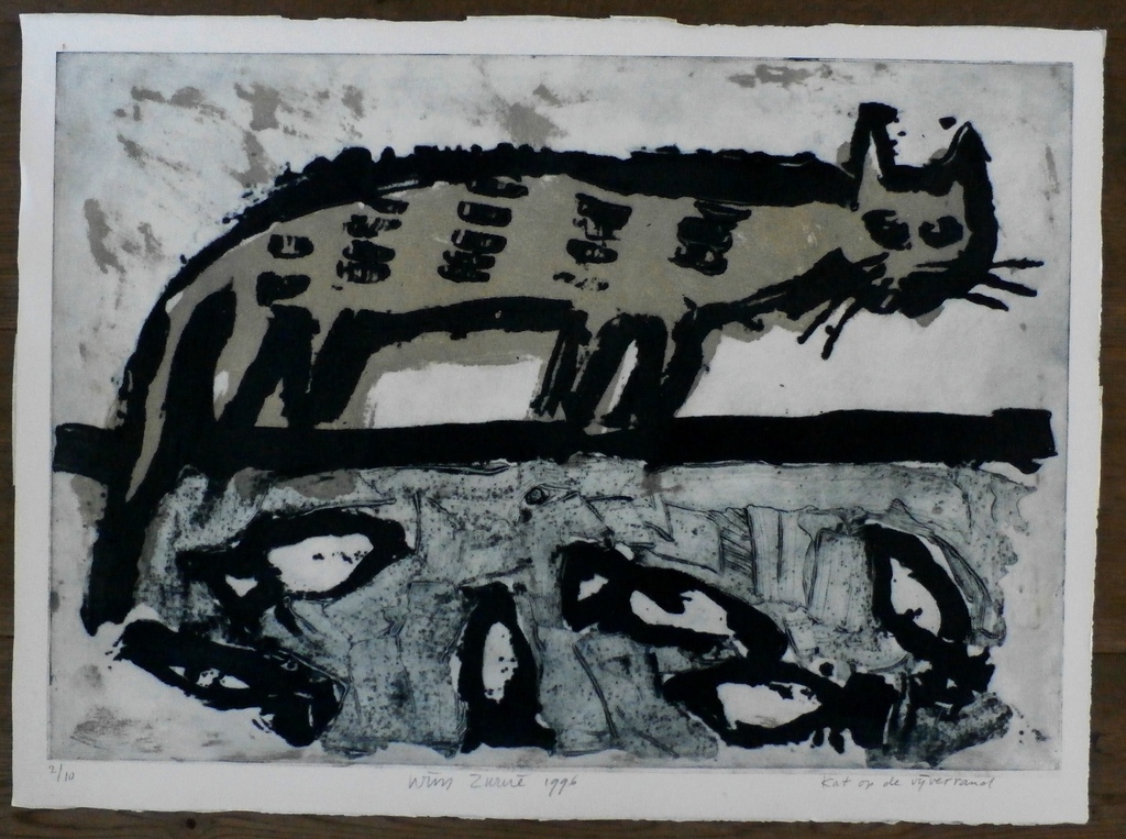 Wim Zurne - ets: kat op de vijverrand - 1996 kopen? Bied vanaf 60!
