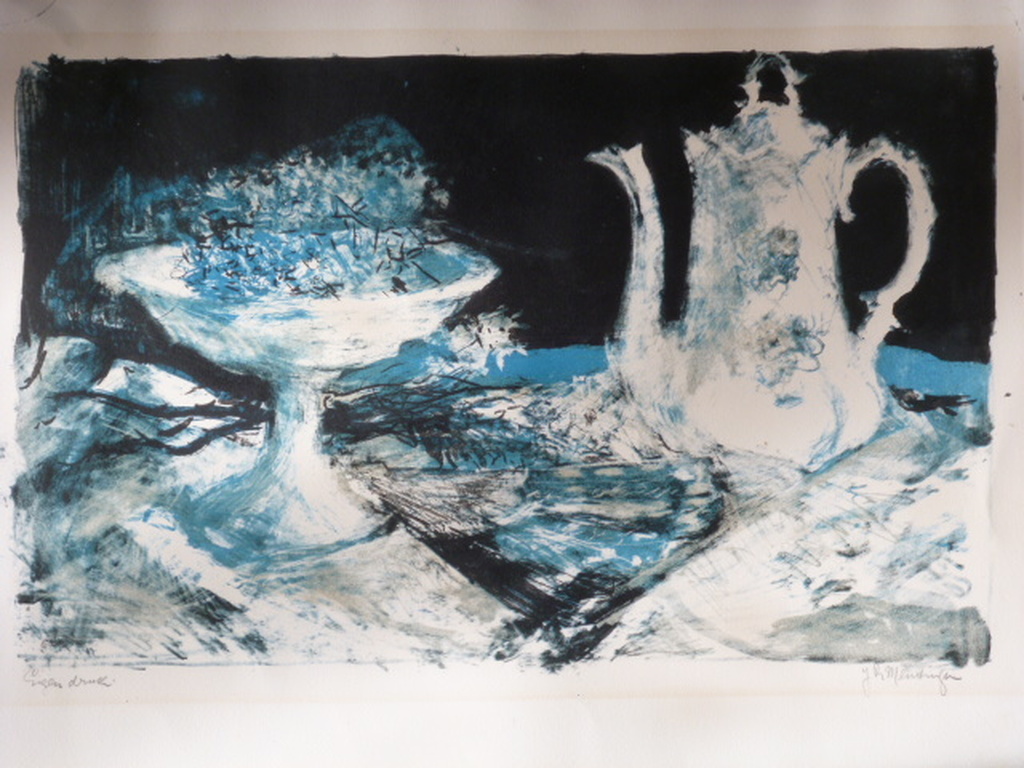 Jan Roelf Mensinga - kleurenlitho - Stilleven met koffiepot en fruitschaal verkocht voor € 35!