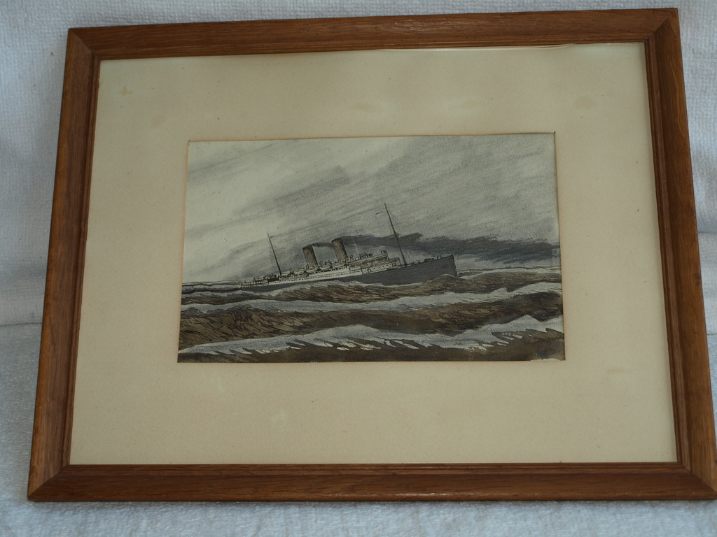 Gemengde techniek – Stoomboot op zee – Ingelijst – 1924 - *DAKA-AANBIEDING* kopen? Bied vanaf 23!