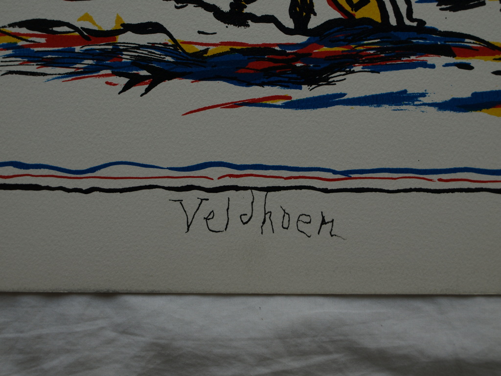 Aat Veldhoen (1934) – Zeefdruk op karton – Tempus Fugit – De tijd vliegt  kopen? Bied vanaf 40!