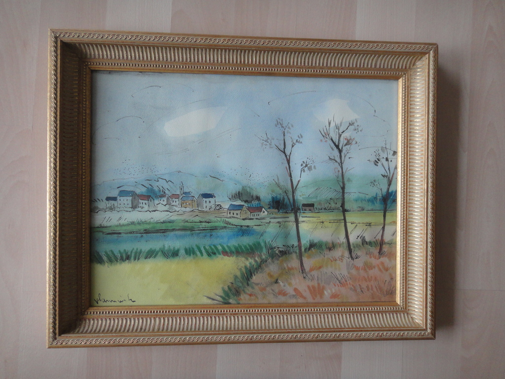 Vlaminck - aquarel - dorpsgezicht in heuvellandschap verkauft für € 150!