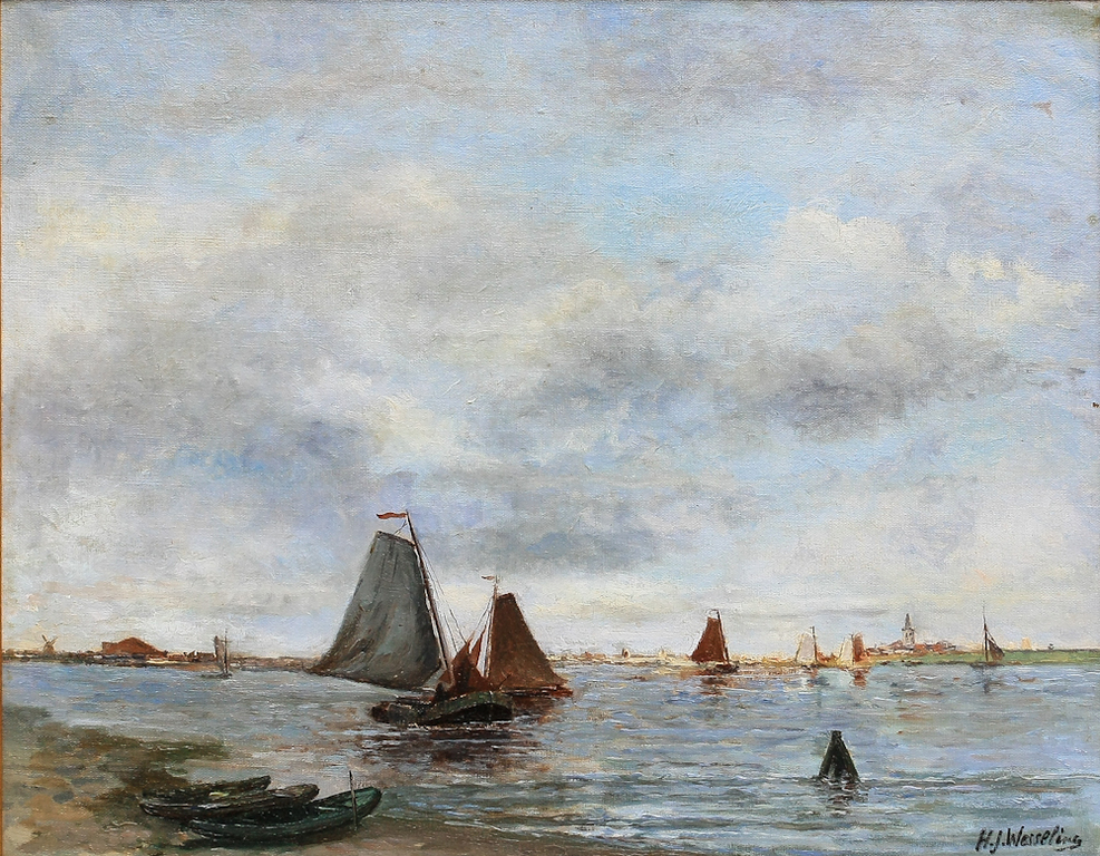 H.J. Wesseling, Olieverf op doek, Bootjes op meer kopen? Bied vanaf 350!