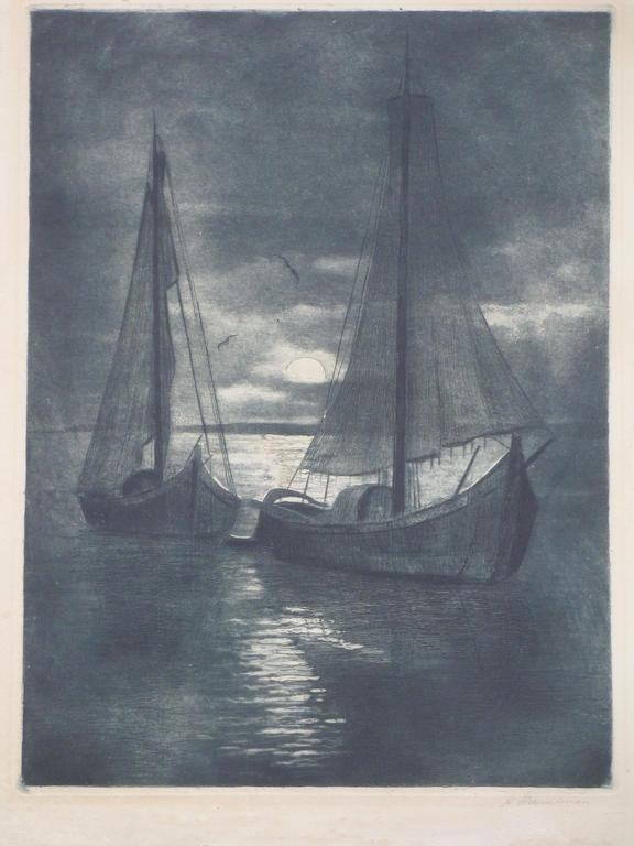 Albert Hemelman, Schepen bij avond, Ets verkocht voor € 35!