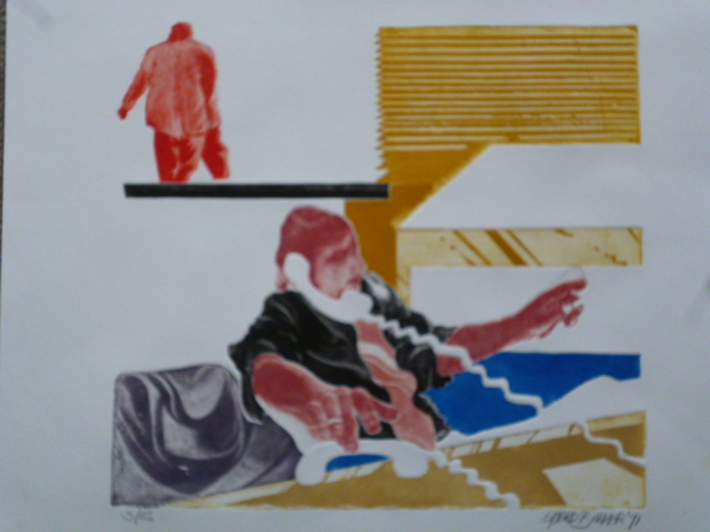 Sjoerd Bakker - kleurenets - Vrouw aan bureau met twee telefoonhoorns verkocht voor € 35!