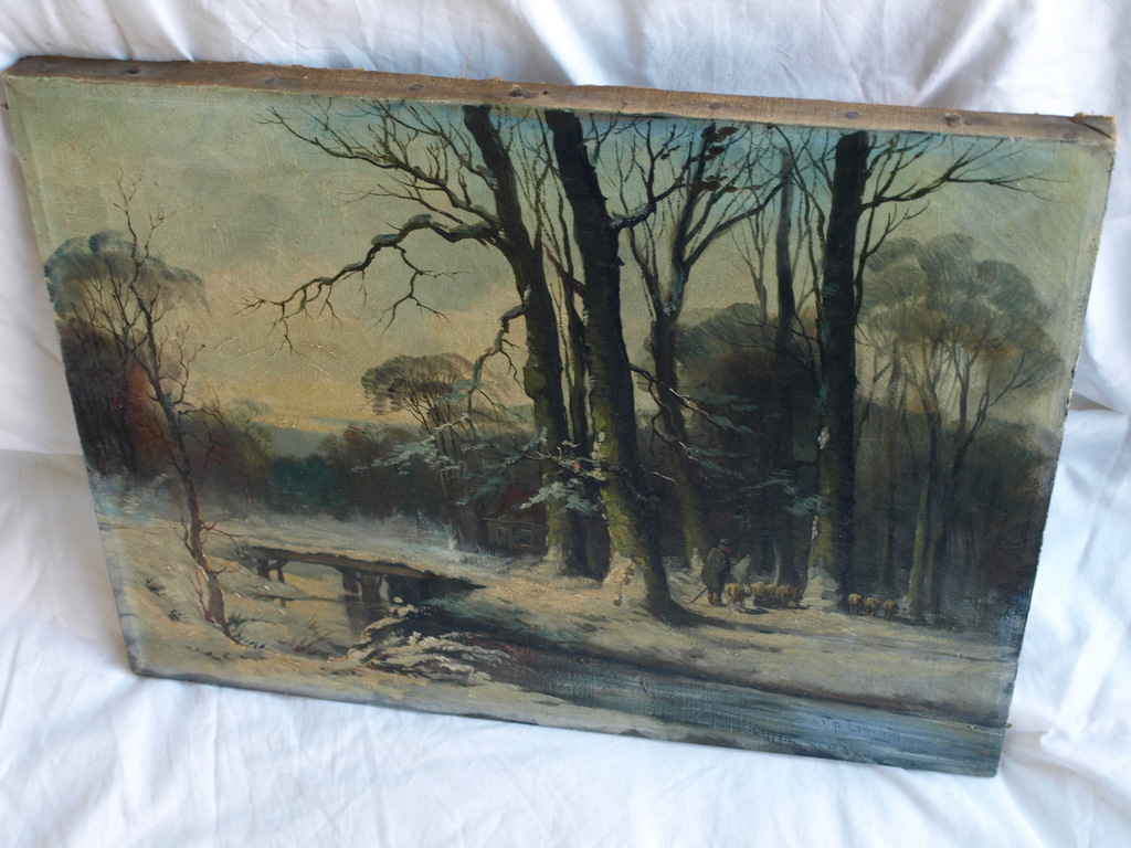 Onduidelijke signatuur : Olieverf op doek – Bosgezicht in de winter  kopen? Bied vanaf 50!