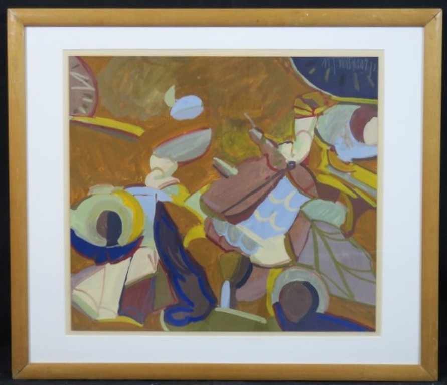 Niek Molenaar: Gouache, Denken aan roemeense frescos - Ingelijst verkocht voor € 60!