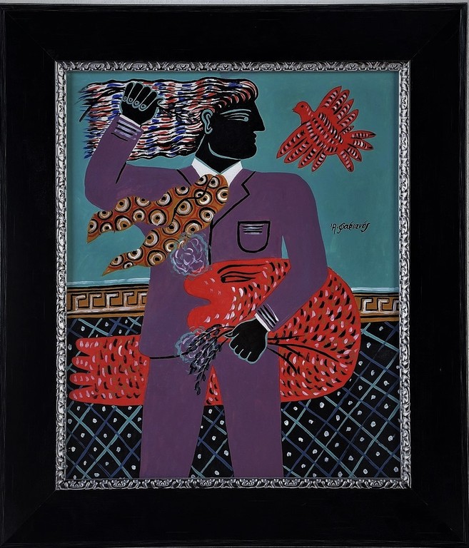 Man met vogel. Gouache achter glas. verkocht voor € 350!