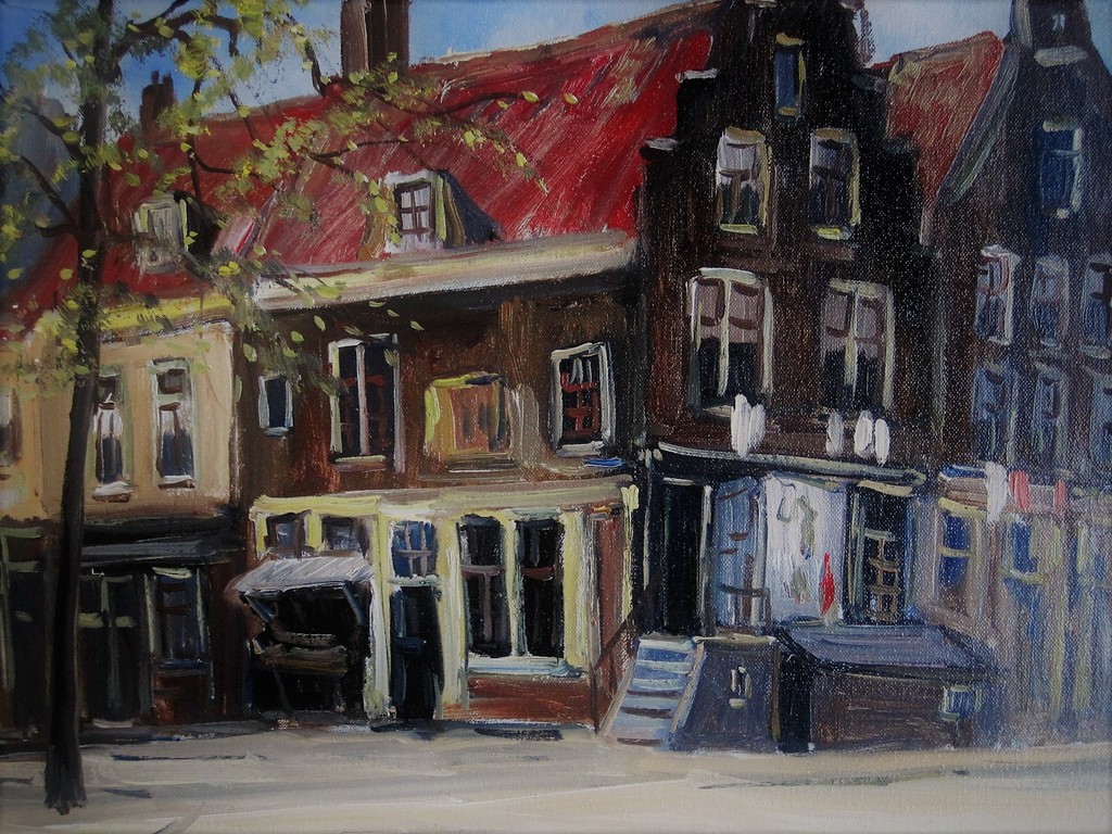 Mooi Jan Kelderman (1914) olieverf "Amsterdam Westerstraat hoek Noordermarkt" verkocht voor € 60!