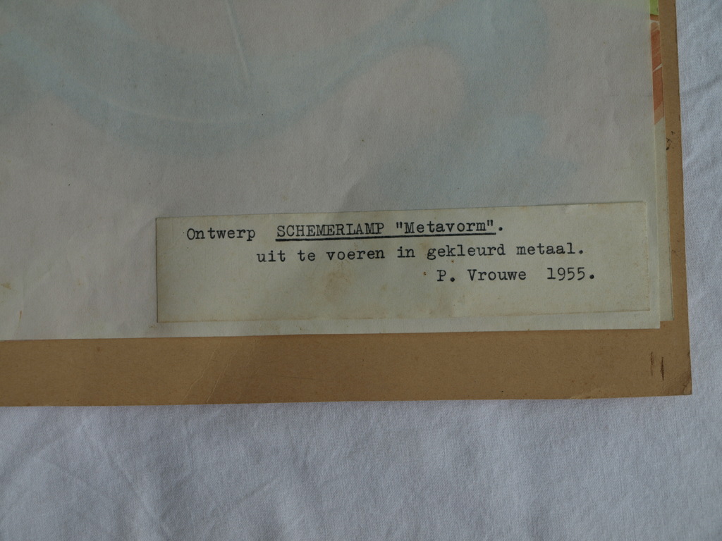 Pieter Vrouwe (1928) – Aquarel – Ontwerp schemerlamp “Metavorm” – 1955 kopen? Bied vanaf 1!