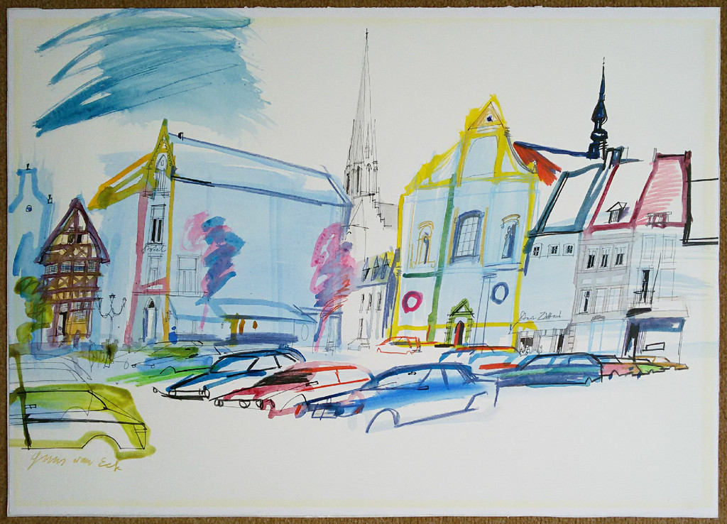 Guus van Eck - Markt in Sittard, gemengde techniek op papier kopen? Bied vanaf 150!