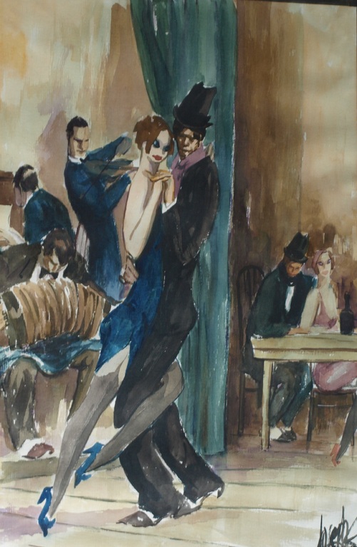 Argentijnse kunstenaar : Gouache , Tango 1 - gesigneerd & ingelijst -74 x 56 cm verkocht voor € 111!