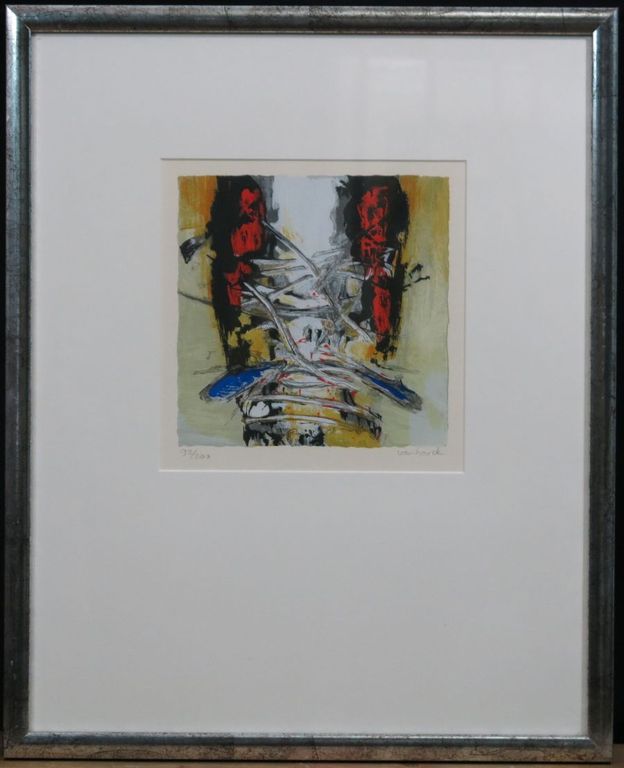 Hans Vanhorck: Zeefdruk, Zonder titel (rood/blauw) - Ingelijst kopen? Bied vanaf 70!