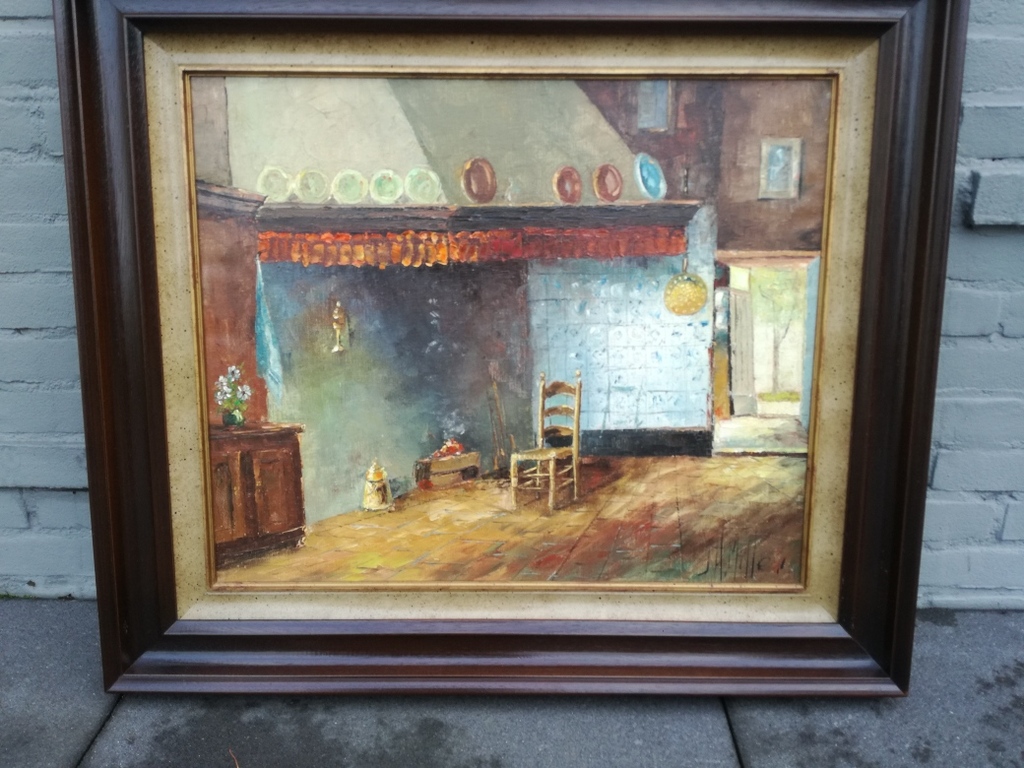 J.H. Miller,  olieverf op doek, oud Hollandse boeren keuken kopen? Bied vanaf 75!