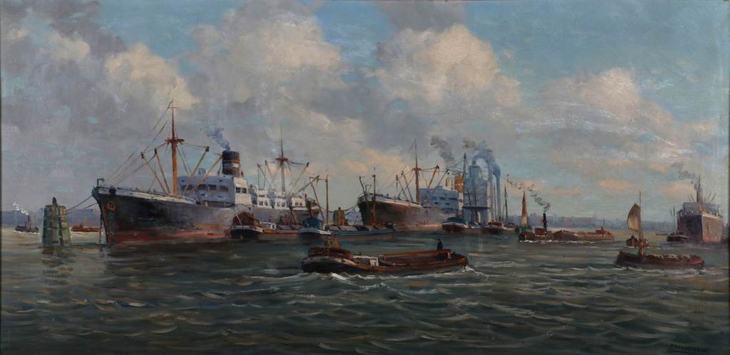 Pieter Wagemans, Havengezicht met diverse afgemeerde schepen  verkocht voor € 450!