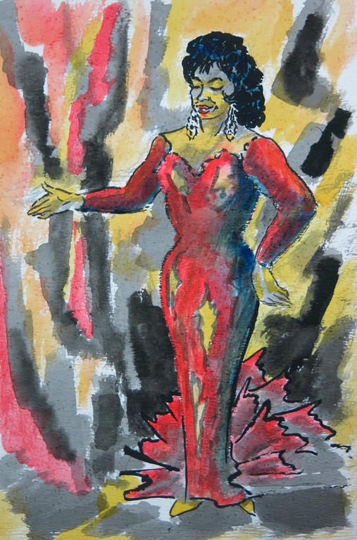 Wim Jurcka: Aquarel en stift, Vrouw in rode jurk kopen? Bied vanaf 1!