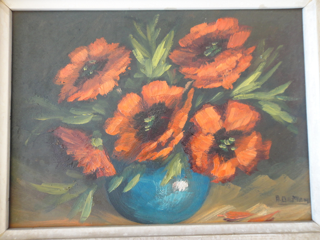 Antonia de Man, olieverf op board, klaprozen in blauw potje (toegeschreven aan) verkocht voor € 35!