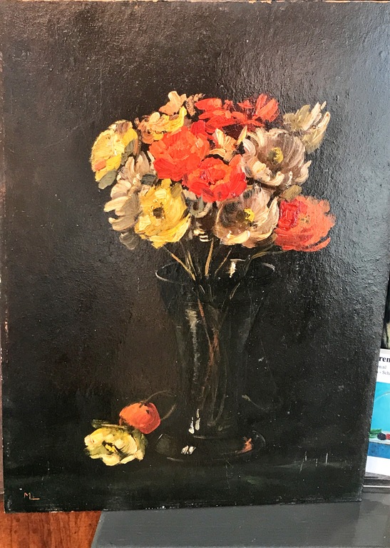 bloemstilleven, gemonogrammeerd, olie op board kopen? Bied vanaf 1!