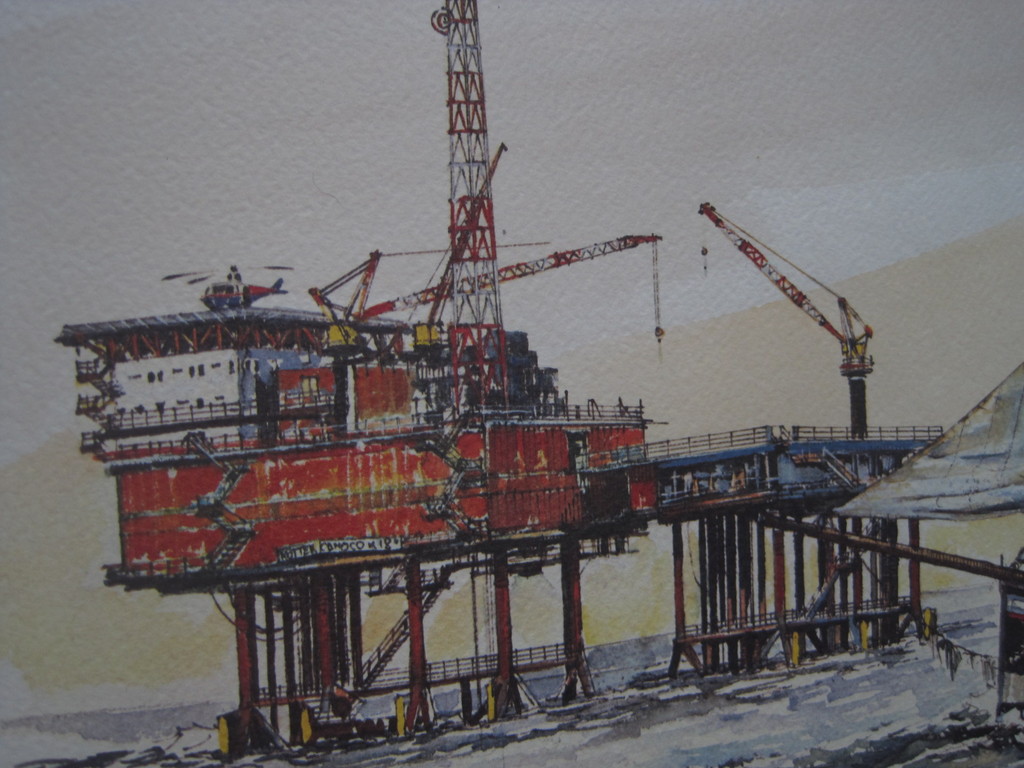 Handingekleurde Litho "Booreiland Cont.Netherlands Oil Co." van Paul Kerrebijn  kopen? Bied vanaf 1!