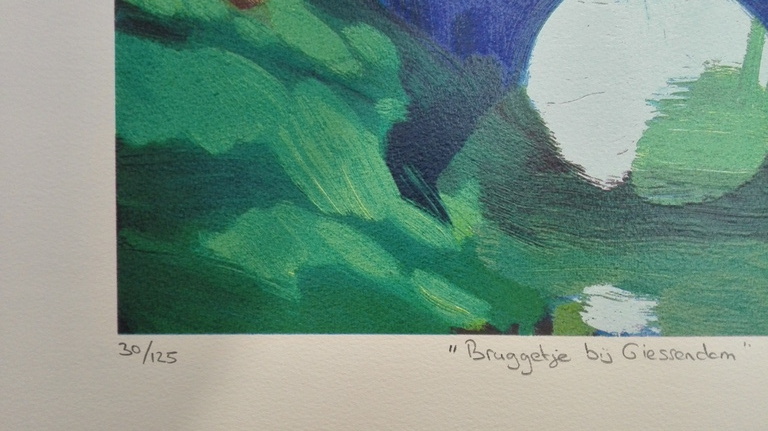 Jentsje Popma, zeefdruk op papier, Titel: Bruggetje bij Giessendam kopen? Bied vanaf 50!