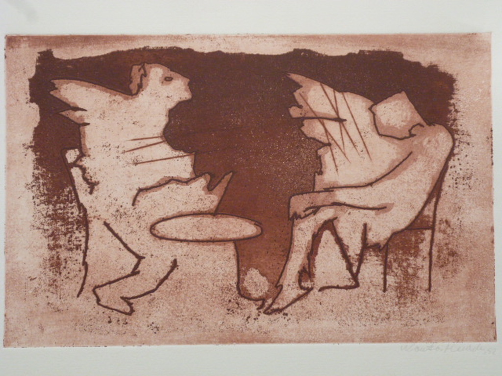 Wout van Heusden - ets - Twee figuren aan een tafeltje verkocht voor € 50!