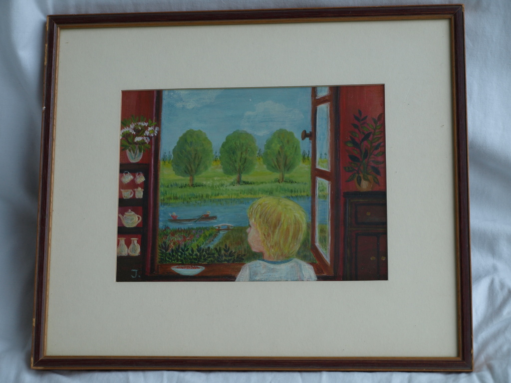 Onbekend, gesigneerd : Gouache, Uit het Raam – ingelijst  kopen? Bied vanaf 1!