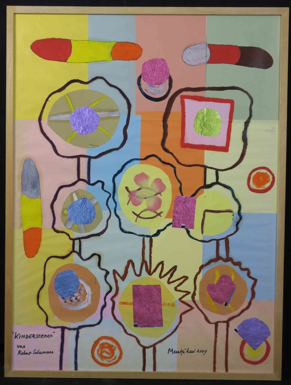Meertje Kaal: Acryl en Collage, Kinderszenen van Robert Schumann - Ingelijst verkocht voor € 120!