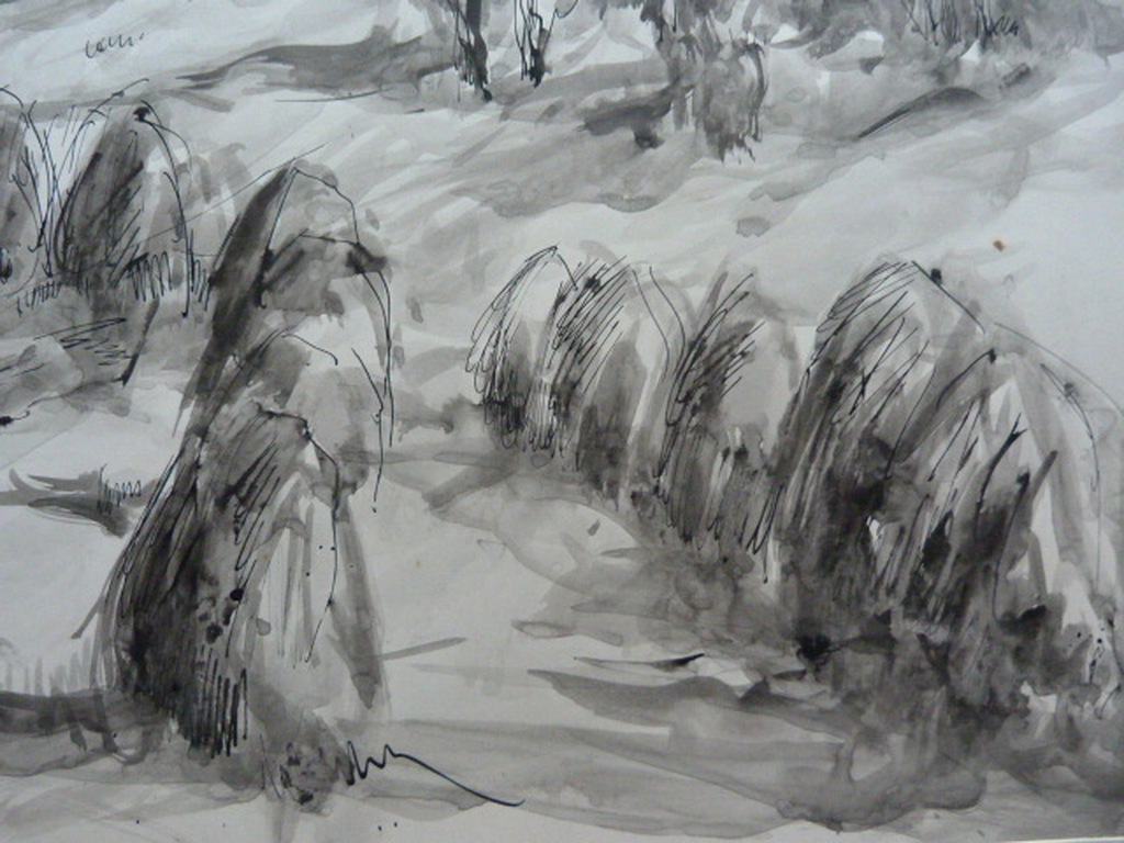 Jobst Heinrich Frese ( 1914 - 1986 ) - tekening/aquarel - hooimijten. kopen? Bied vanaf 1!