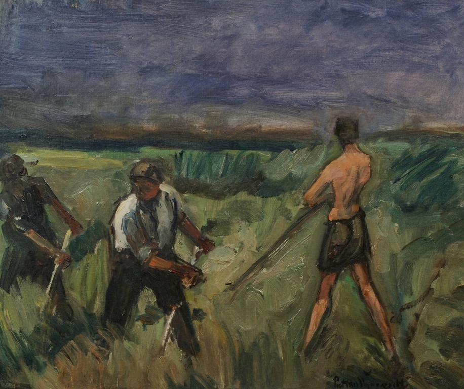 Piet van Wijngaerdt, olieverf op doek, maaiers verkocht voor € 550!