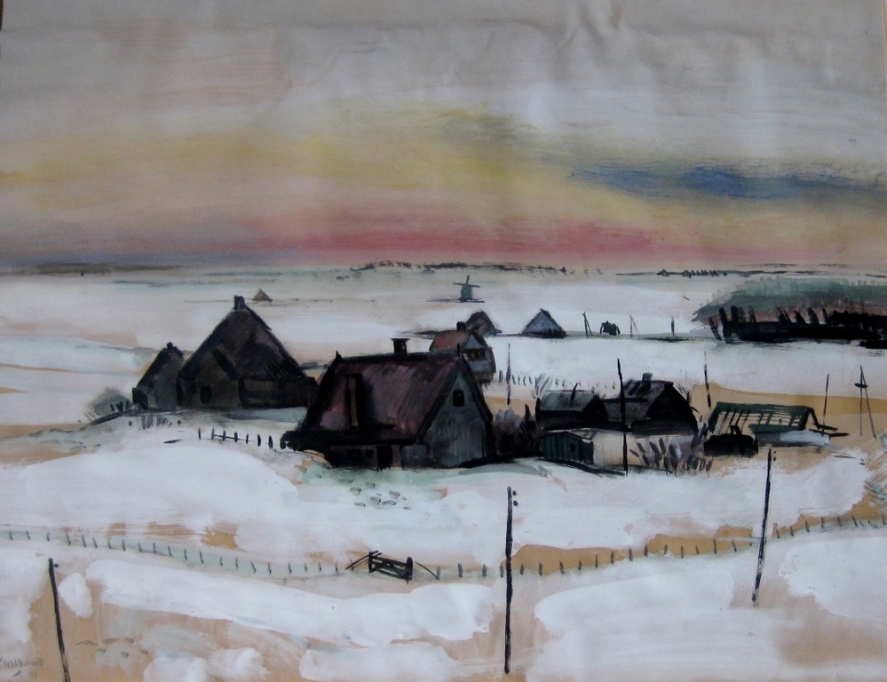 Court Veldkamp - gemengde techniek op papier - Huizen in Landschap kopen? Bied vanaf 45!