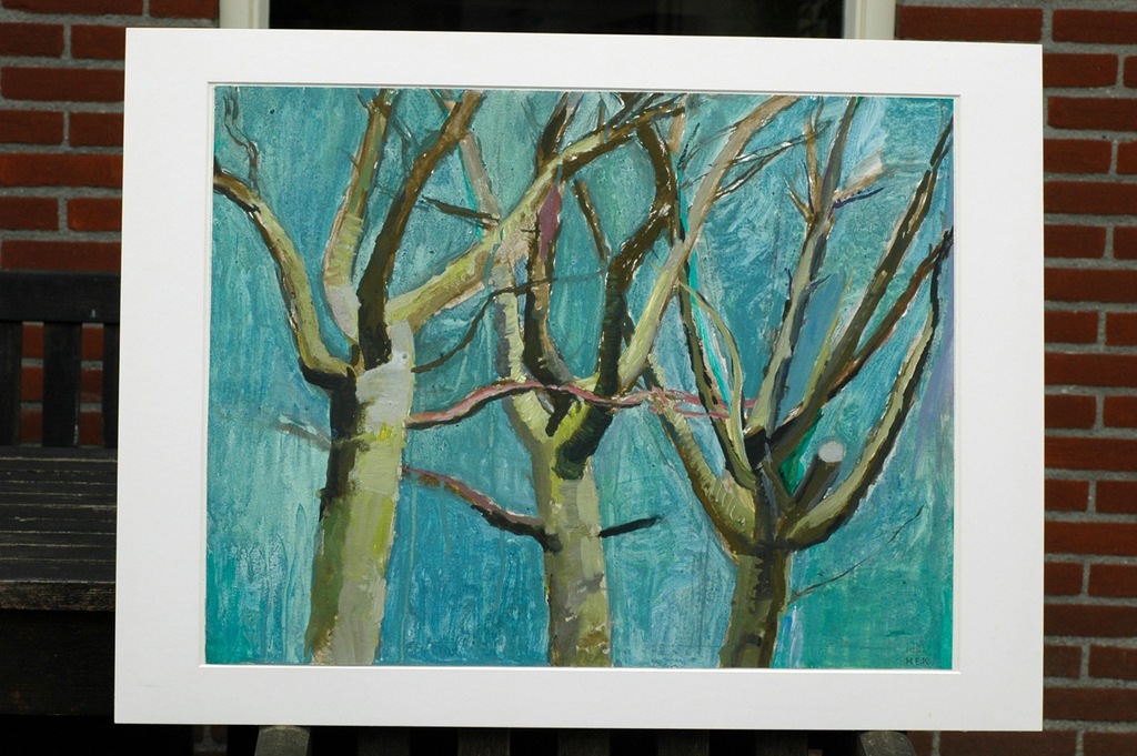 Hans Ebeling Koning, acrylverf op papier, Mispelbomen. verkocht voor € 200!