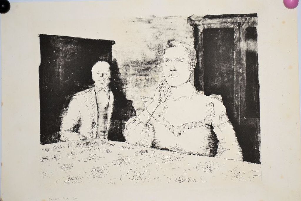 Eef van Dijk (?): Litho. Man en vrouw aan tafel kopen? Bied vanaf 1!