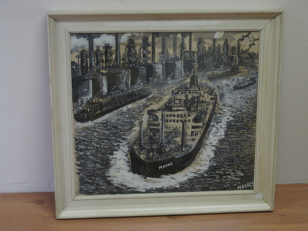 Jan Makkes 1935 - 1999 "de Botlek haven Rotterdam" gem. techniek ca. 1960 kopen? Bied vanaf 1!