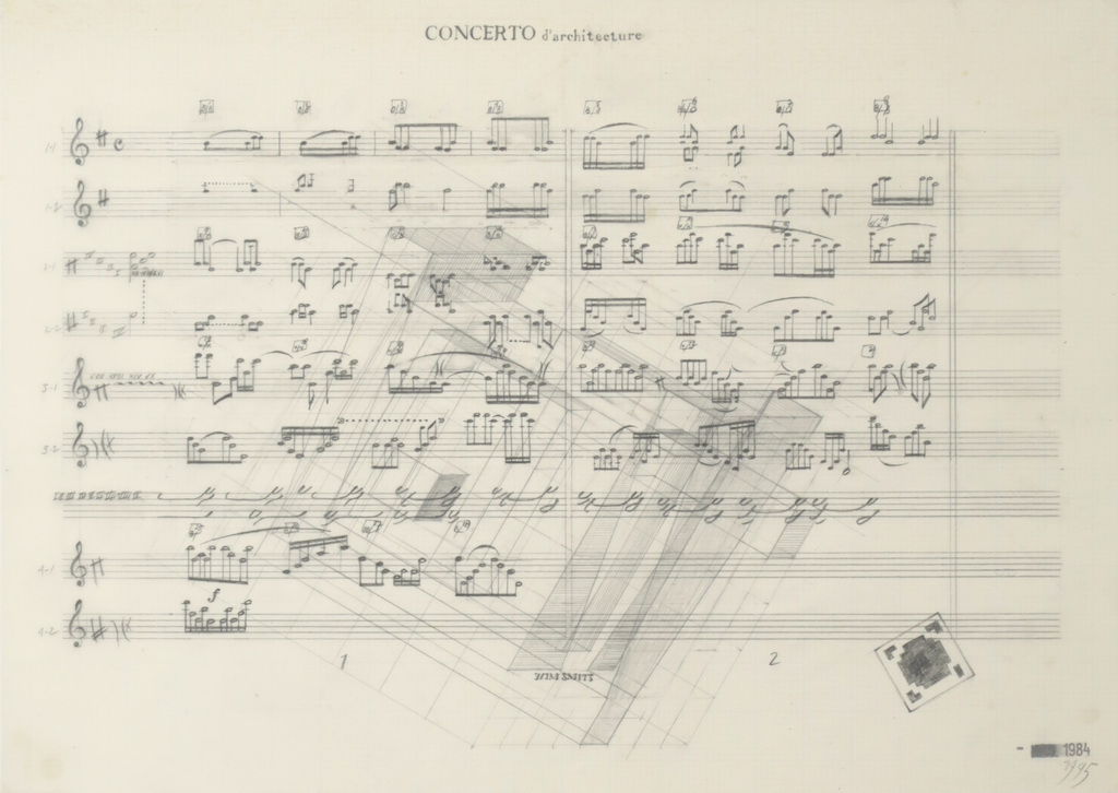 Wim Smits: Collage van potlood op papier, Concerto d'architecture - Ingelijst kopen? Bied vanaf 100!