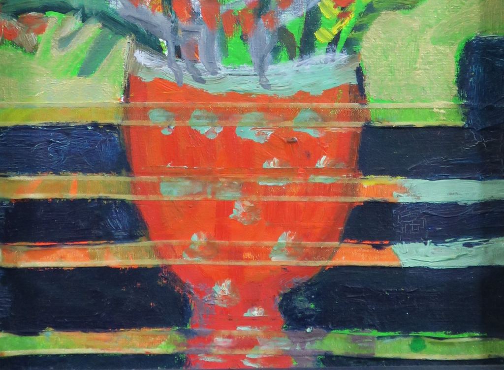 Meertje Kaal: Acryl en collage op doek, Bloemstilleven met gezicht - Ingelijst kopen? Bied vanaf 1!