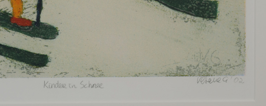 Giovanni Vetere: Zeefdruk, Kinder in Schnee - Ingelijst kopen? Bied vanaf 100!