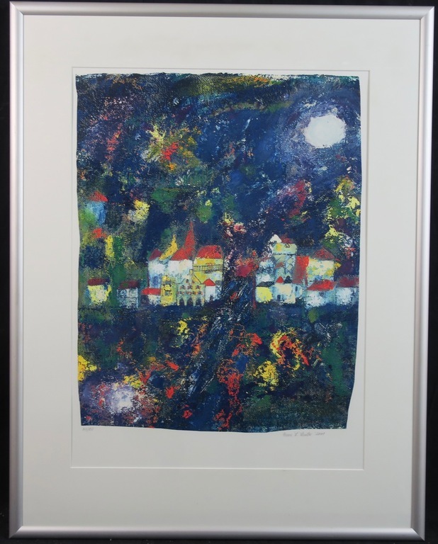 Franz Lauter: Zeedruk, Stad bij nacht - Ingelijst (groot) verkocht voor € 35!