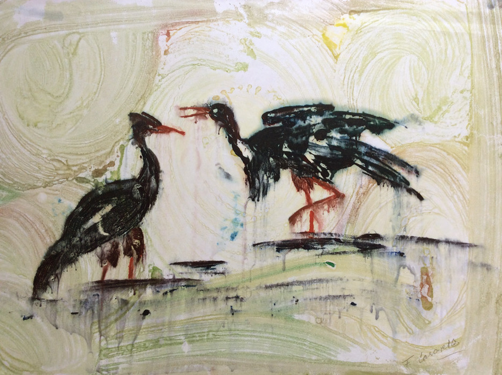 Onbekende kunstenaar - Twee kraanvogels - aquarel, gesigneerd kopen? Bied vanaf 1!