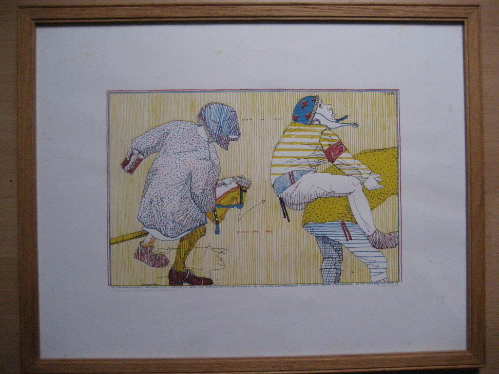 Carel Sondermeyer.-Het Stokpaardmannetje- Zeefdruk. 1982. Gesigneerd. Ingelijst verkocht voor € 75!